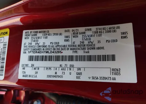 2021 Ford Ranger Xlt from USA, damaged, VIN 1FTER4EH7MLD43295